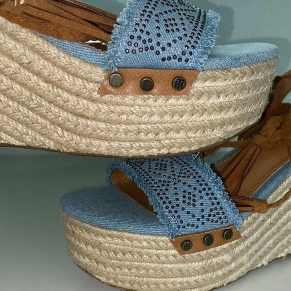 Tommy Hilfiger Women Blue Tan Studded Espadrille Tie-Up Wedge 8M